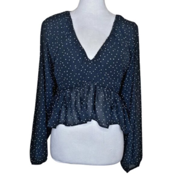 H&M Polka Dot Plunge V-Neck Back Tie Balloon Sleeve Peplum Blouse Coquettegirl L - Picture 2 of 15